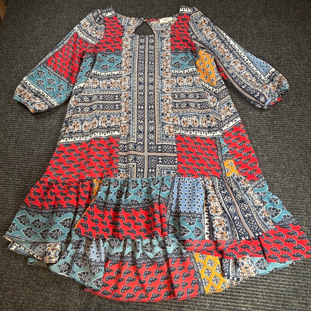 Hayden Los Angeles Patchwork Paisley Ruffle‎ Shift Dress Red Blue Womens Medium